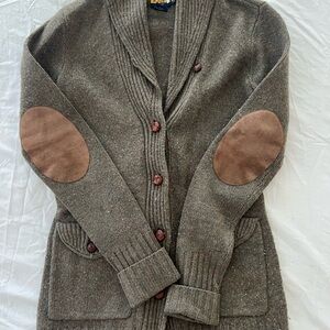 RUGBY POLO (vintage) XS Brown Shawl Collar Cardigan with Elbow Patches